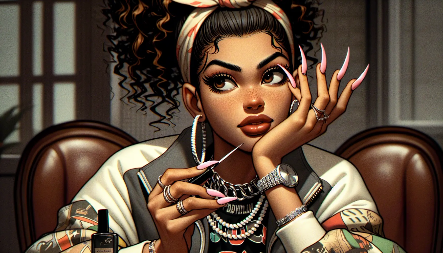 I need an image of a wannabe pop singer, female, mixed race, filing her finger nails, looking disinterested and waiting for things to happen for her and make her an overnight star