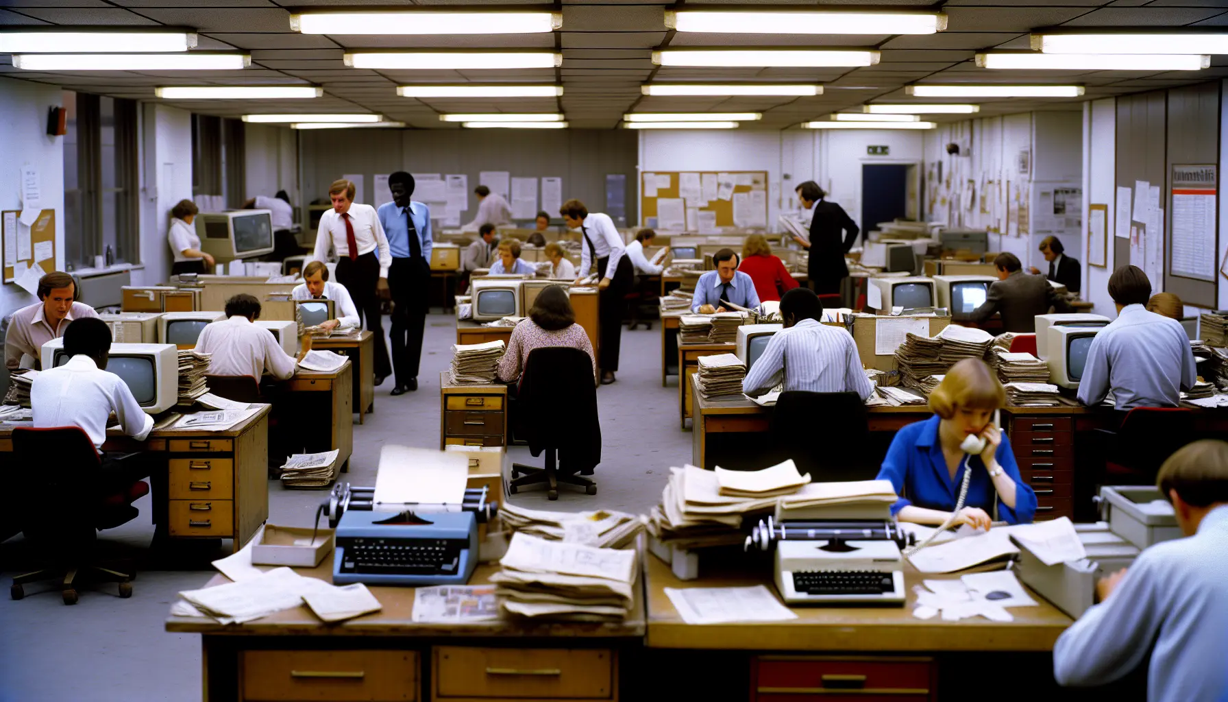 Create an image of a sparse UK newspaper office with people, all working frantically at their computers.