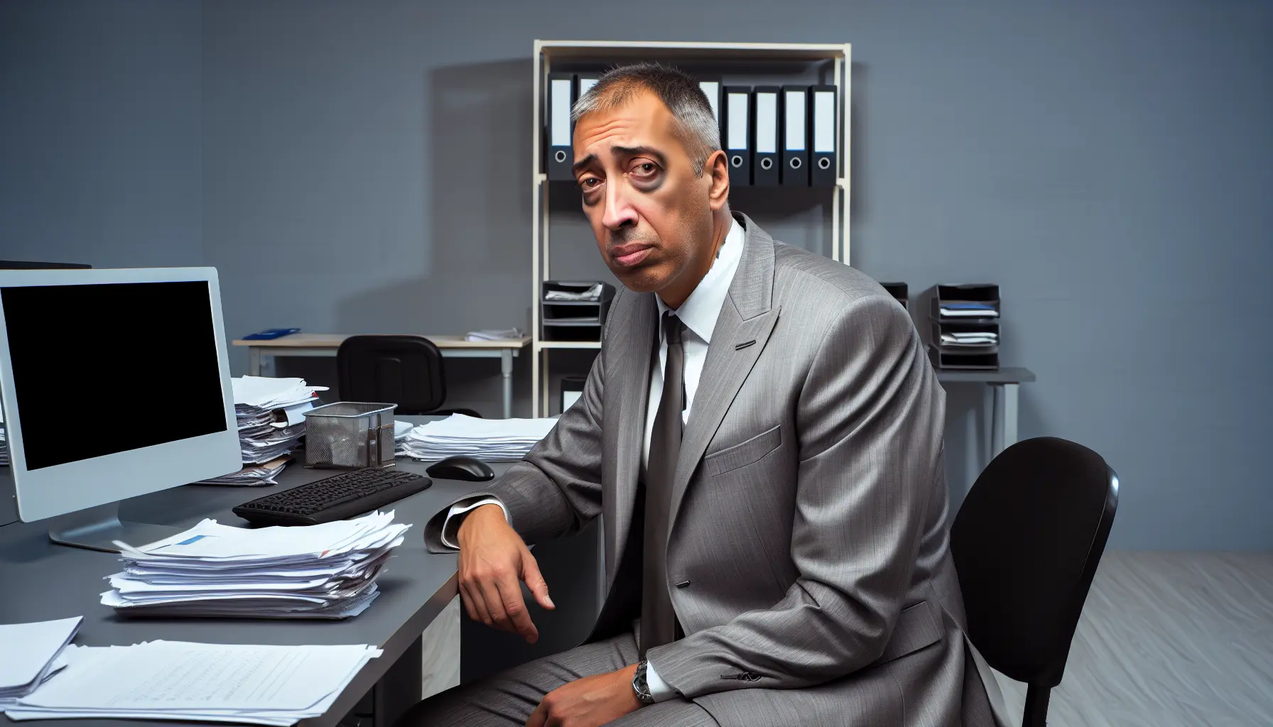 Create an image of a middle aged man wearing a grey suit, working in a grey accountancy firm with a miserable face.