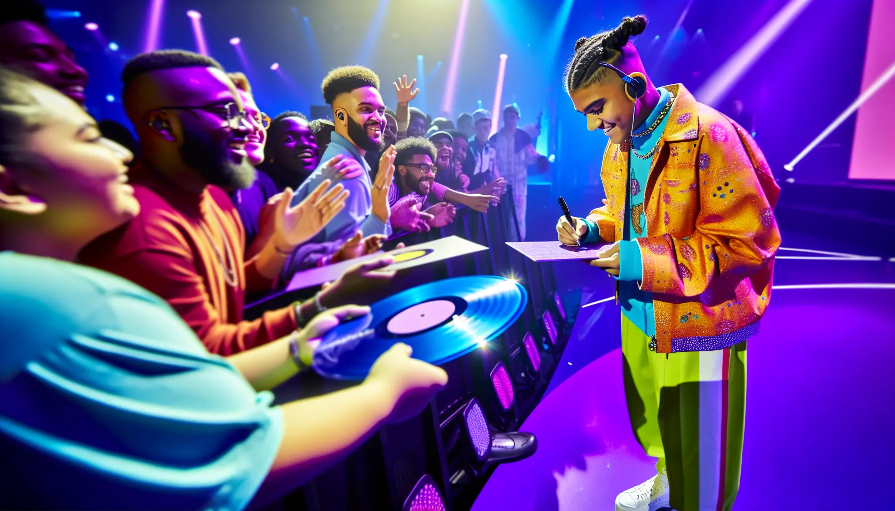 Create an image of a Gen Z mixed race female signing copies of her vinyl records on stage.