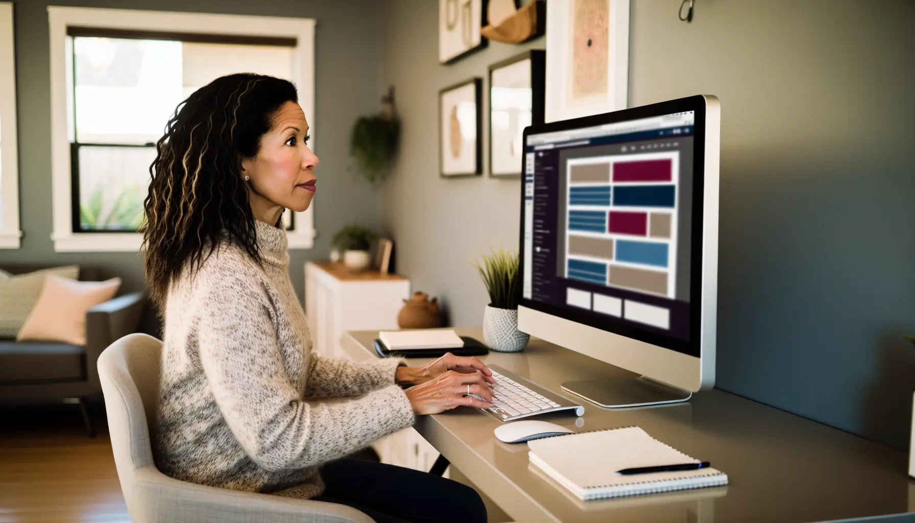 Create an image of a mixed race 35 year old woman working to build a website on her desktop computer.