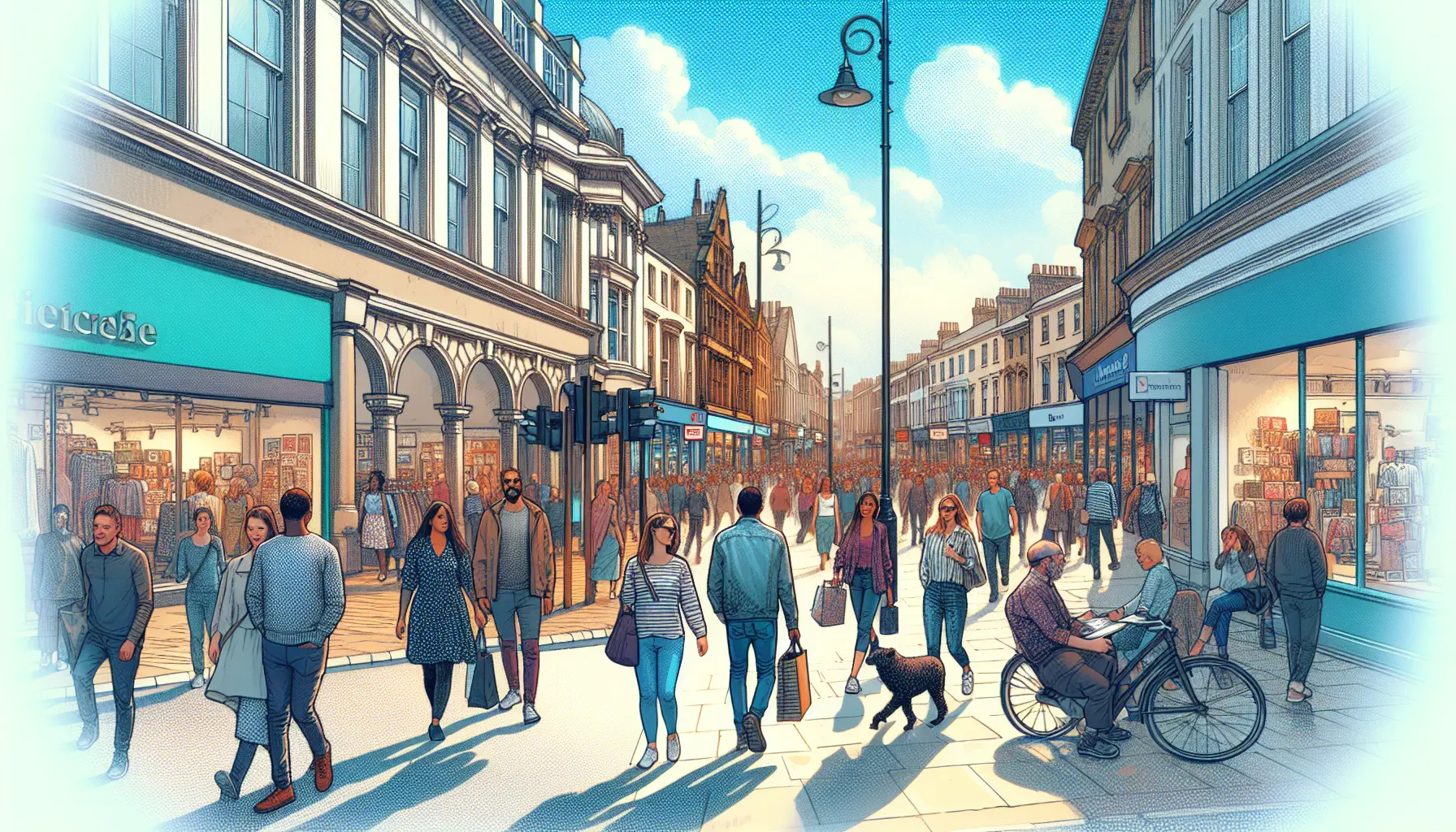 Design a high street, set in the UK, with shops and a prominent bank (financial institution), with a lot of people going about their business on a sunny day.