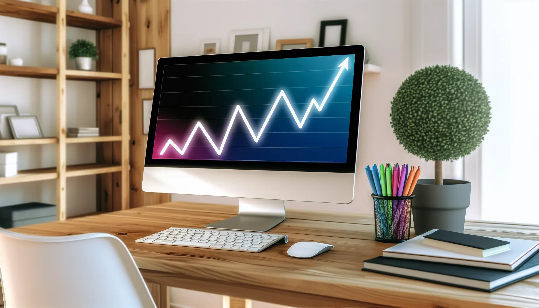 Create an image of a computer on a desk showing a line going from bottom left to top right with marker.s