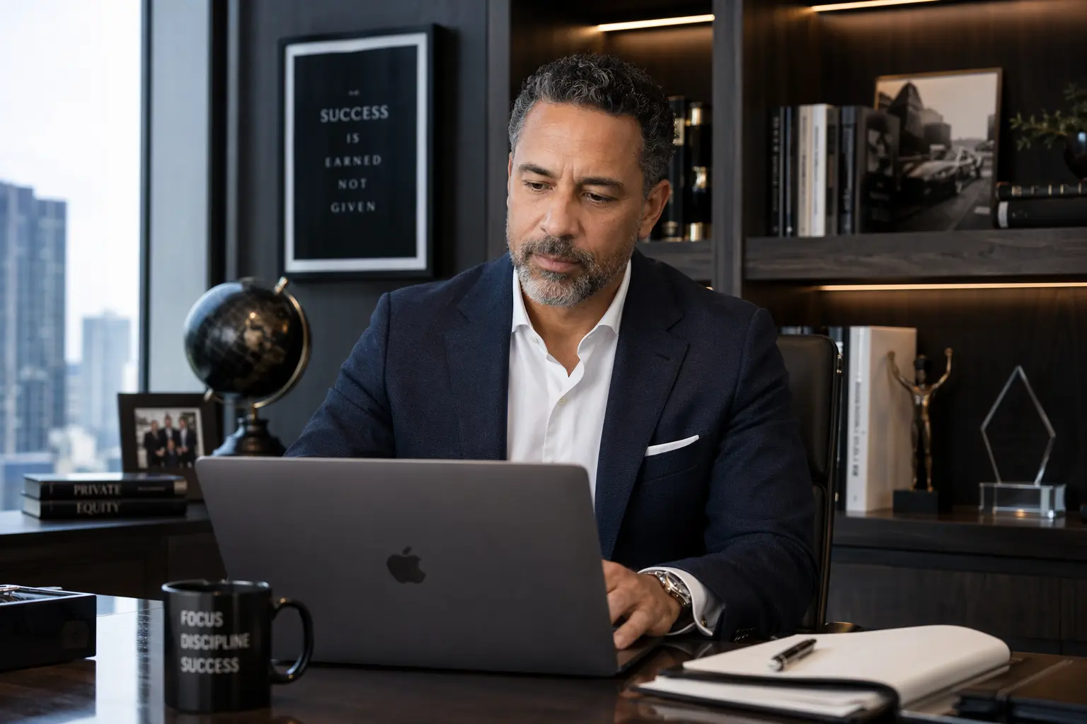 Create an image of a mixed race 50 year old well dressed man working on his computer in his high end successful office Create an image of a mixed race 50 year old well dressed man working on his computer in his high end successful office
