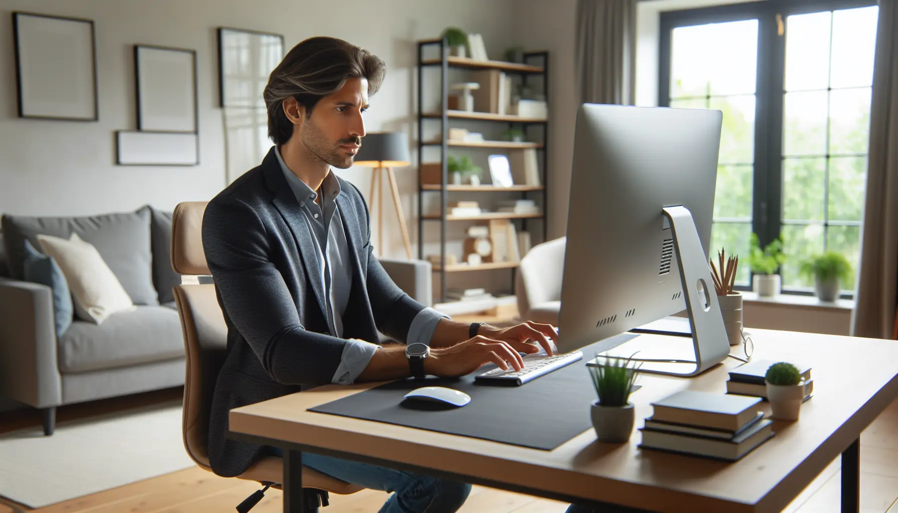 Create an image of a mixed race professional man working at home on his desktop computer