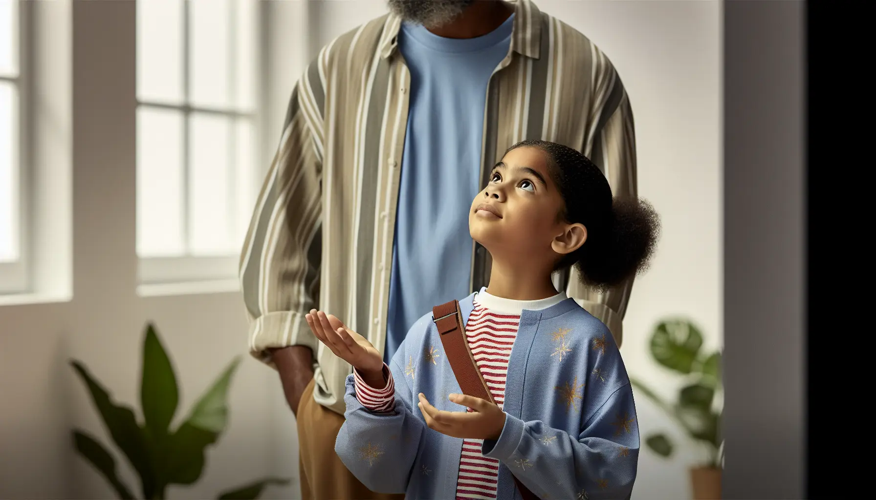Can you create an image of a mixed race girl, aged about 10, looking up at her parent asking for money?
