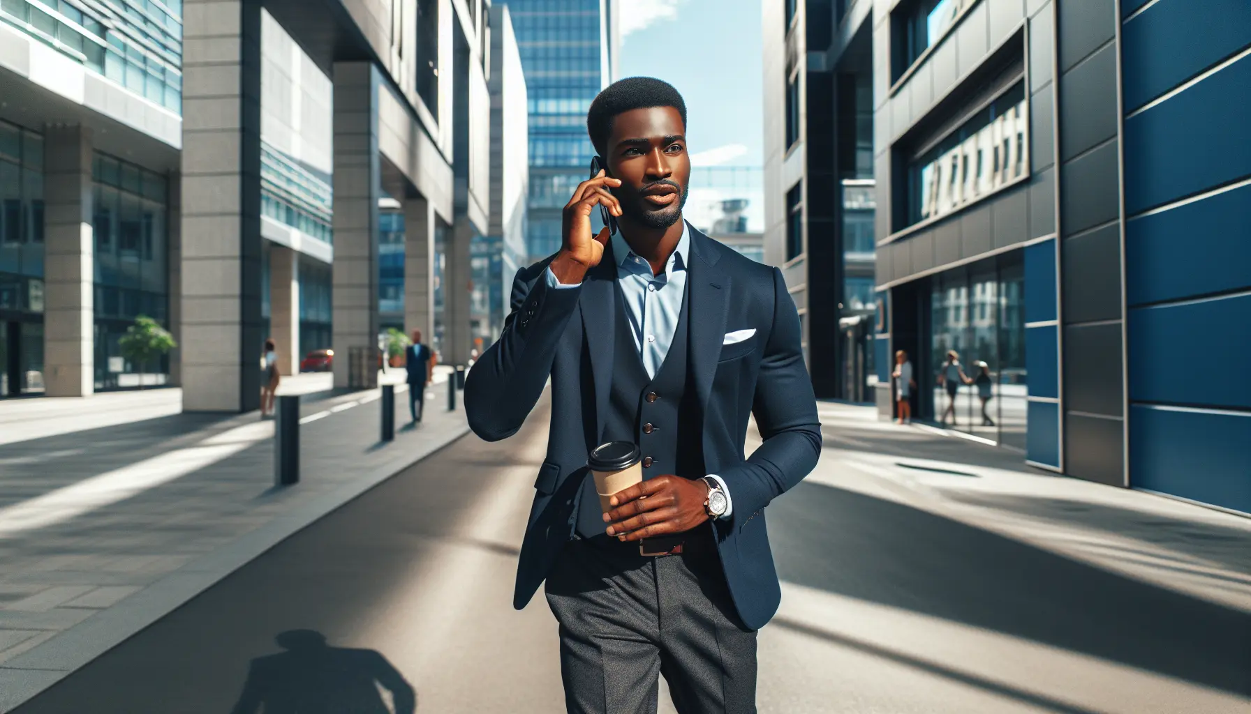 create an image of a profession black man, walking along the road to a meeting, on his phone and holding a cup of coffee in his other hand.