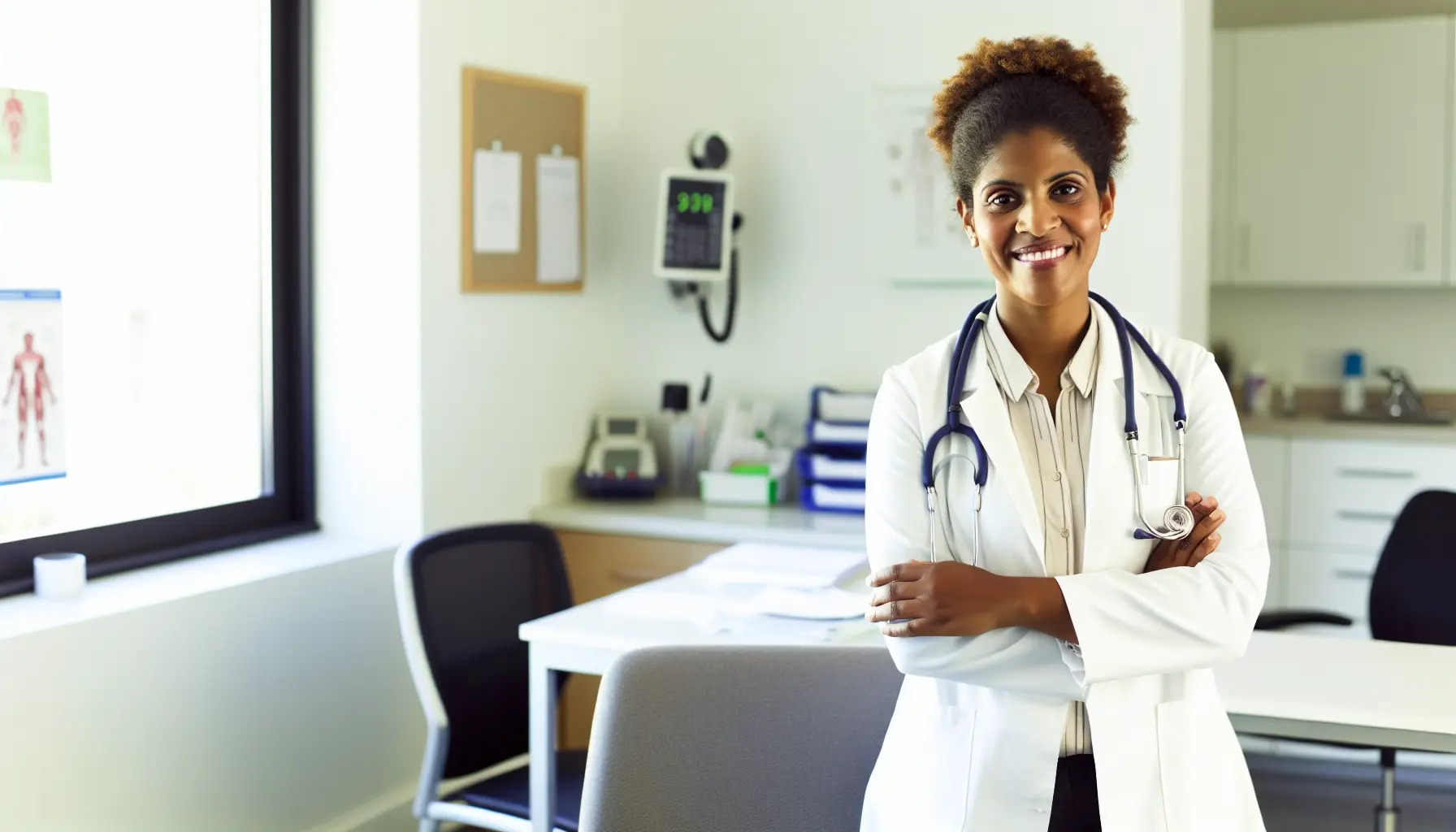 Create an image of a friendly, mixed race, 30 year old female GP in her surgery.