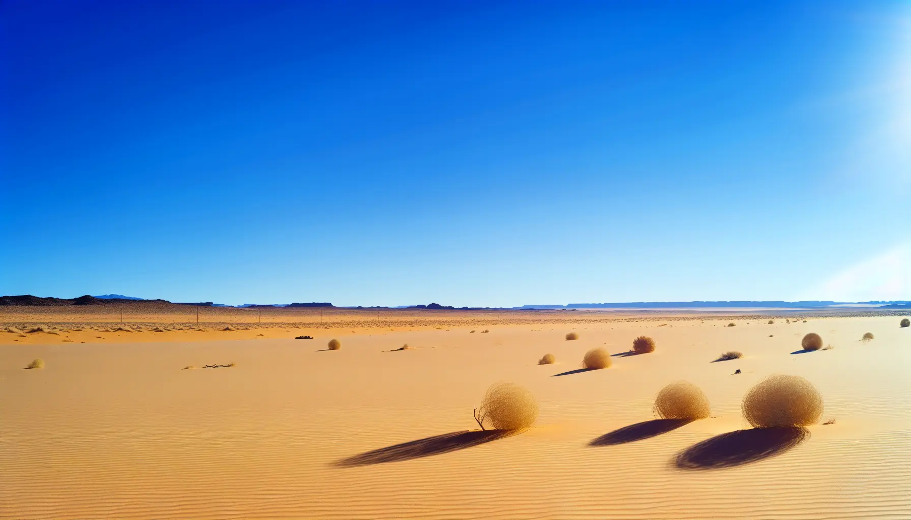 Create an image of a desert and several tumbleweeds rolling around